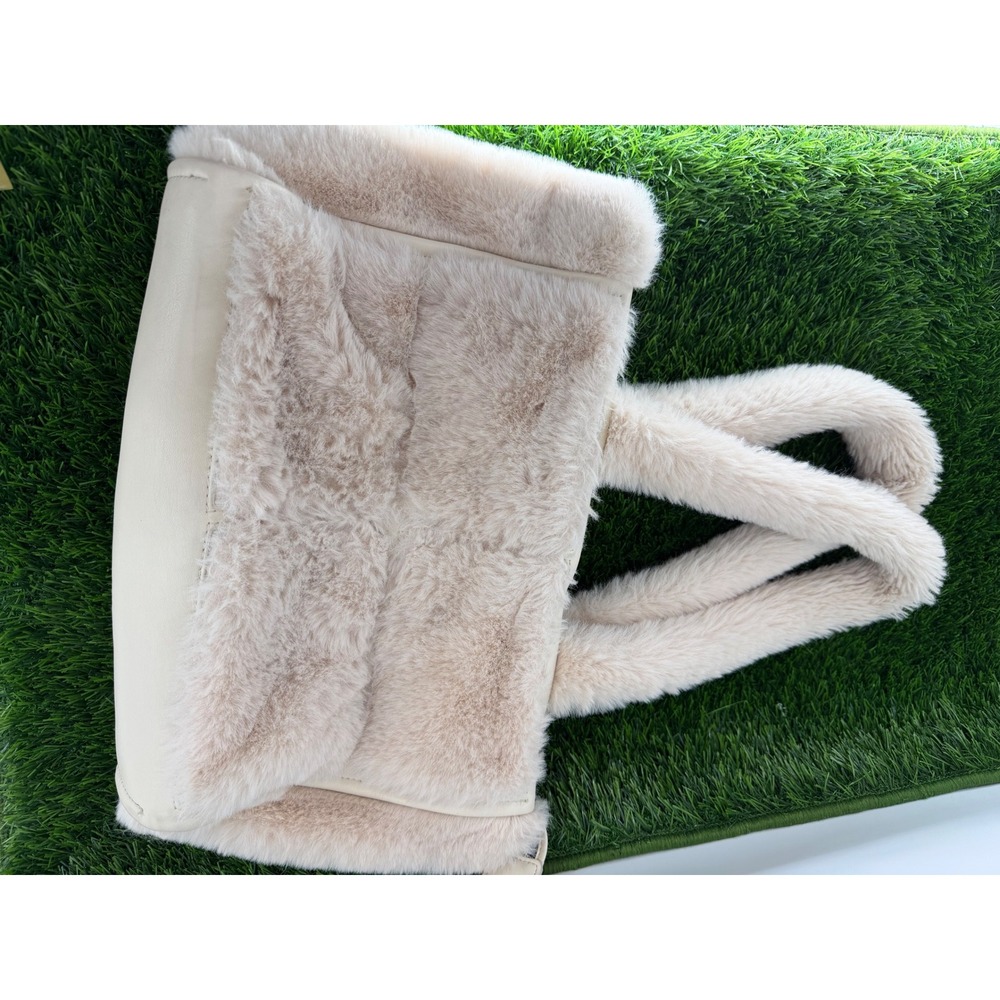 Zara Faux Fur Tote Bag Cream Beige Plush Zip Top Shoulder Bag Handbag